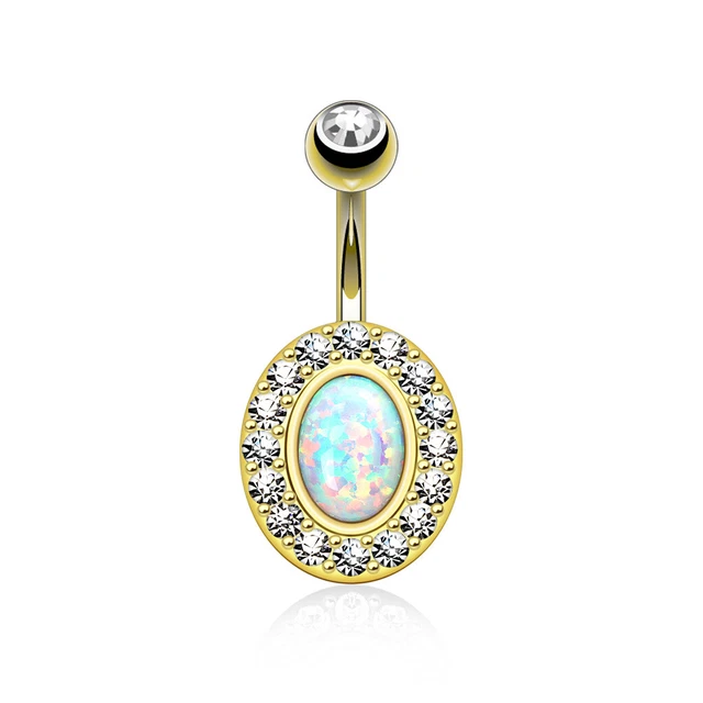 1 Pc 14K Gold Plated White Fire Opal Stone CZ Navel Belly Button Ring 14G