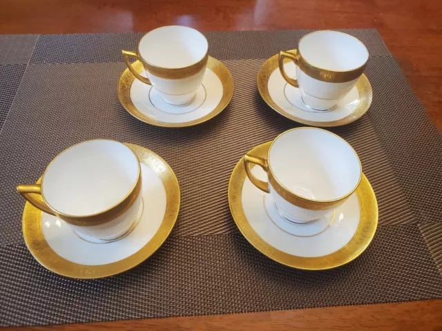 4 MINTON K159 Bone China White Gold Gilt DEMITASSE Tea Cups & Saucers