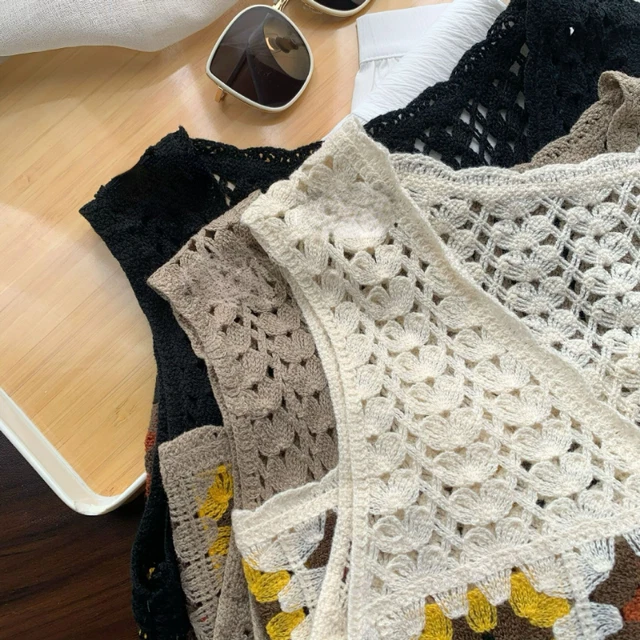 Gilet En Tricot En Crochet D'u00e9tu00e9 Pour Femmes Broderie Florale,  Cardigan De La Plage Boho, Gilet Sans Manches