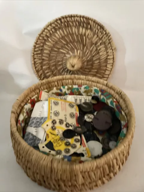 Vintage Round Fabric Lined Wicker ? Work Sewing Box / Basket with  Contents