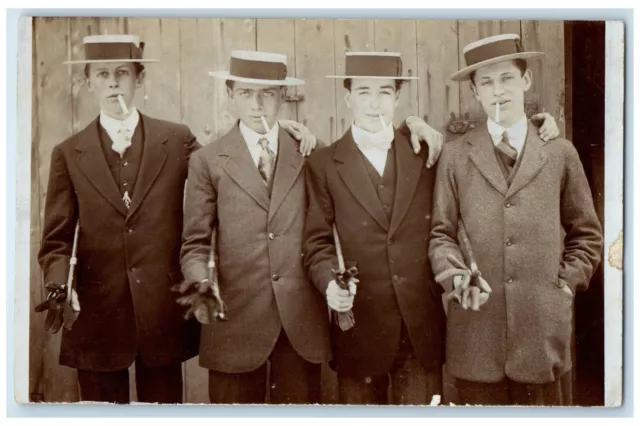 c1910's Young Men Boys Hat Smoking England United Kingdom UK RPPC Photo Postcard