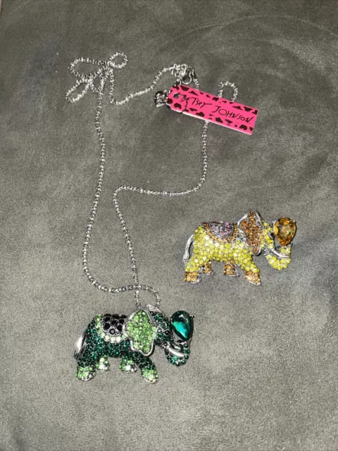 2 Betsey Johnson Crystal Rhinestone Enamel Elephant Necklace Pendant Brooch Pin