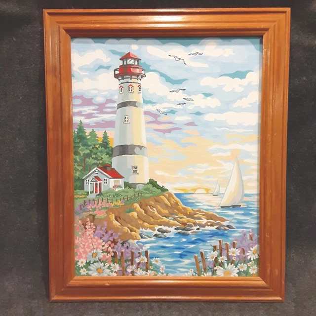 PAINT BY NUMBER Wall Art Lighthouse Ocean Beach Scene Framed ??24.90
