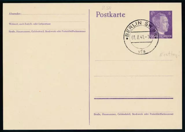 DR Ganzsache GS P299 Postkarte Ersttag 1.8.1941 Tagesstempel Berlin SW