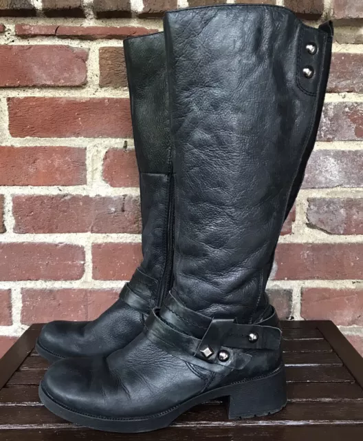 Women's Kalso Earth Sequoia Black Leather Tall Riding Boots With Buckle Size 5.5