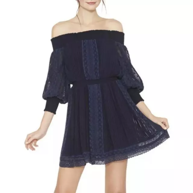 Alice + Olivia Pammy Mini Dress Eyelet Off Shoulder Smocked Navy S 6 New 257263