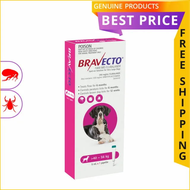 BRAVECTO Spot On Flea Tick Prevention for Dogs 1 Dose 40 to 56 Kg PINK