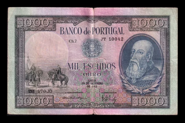 Portugal 1000 Escudos 1942 Pick 156(4) Bc/Mbc F/Vf