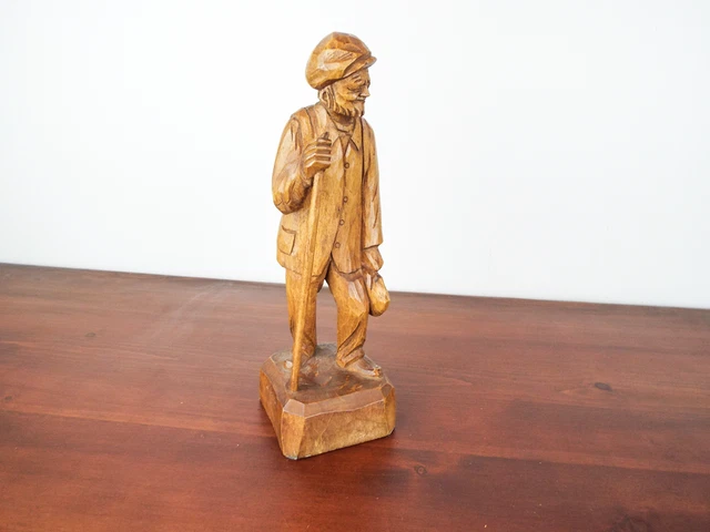 Vintage Quebec Folk Art Wood Man Sculpture A Pelt Canadian Wooden Carving Statue