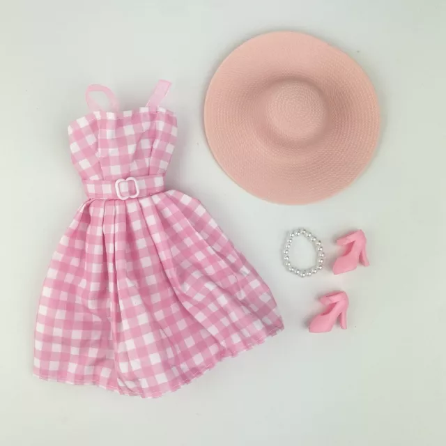 Barbie Sindy Fashion Doll Clothes Outfit Pink Gingham Dress & Hat Movie Inspired