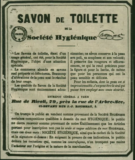 Document ancien savon de toilette société hygiénique 1856 issu magazine