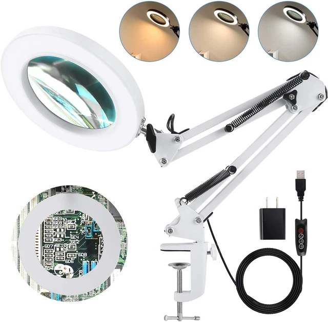 Magnifying Desk Lamp with Clamp, 3 Color Modes, Stepless Dimmable, 5-Diopter Rea