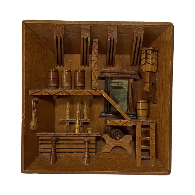 VINTAGE MCM GERMAN 3D Diorama Shadow Box Folk Art, Bar Tavern, 7”x7