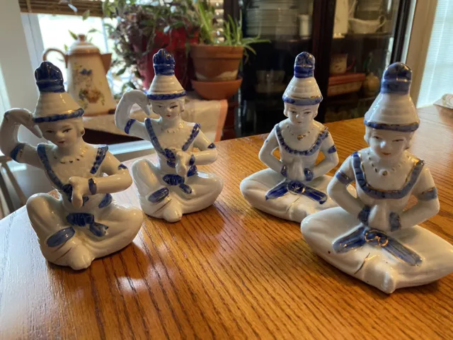 Porcelain Small Figurine set of 4 White Blue Gold Statues Vintage
