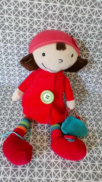 Peluche doudou poupée manteau rouge sac bleu Ebulobo 35 cm