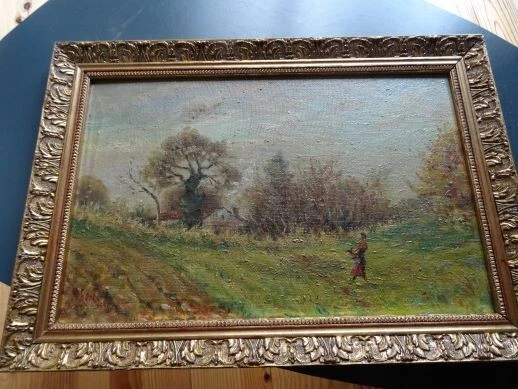 Tableau ancien signé. Paysage animé. Peinture huile sur panneau de bois.