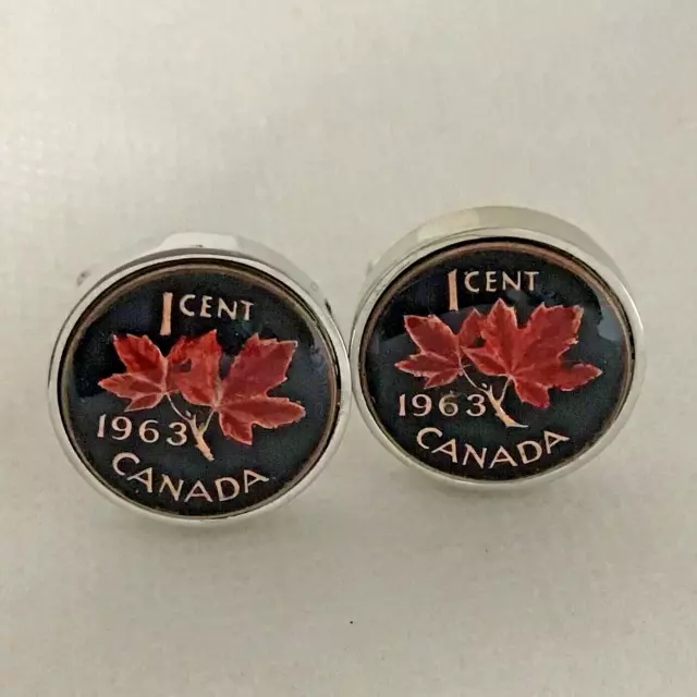 1963 Enamelled Canadian 1 Cent Coin Cufflinks. Ideal 61st Birthday/Xmas Gift