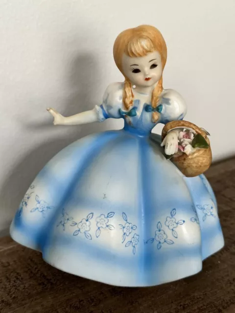 Vtg Lefton Flower Girl Blue Dress Blonde Hair Figurine Basket of Flowers/Planter