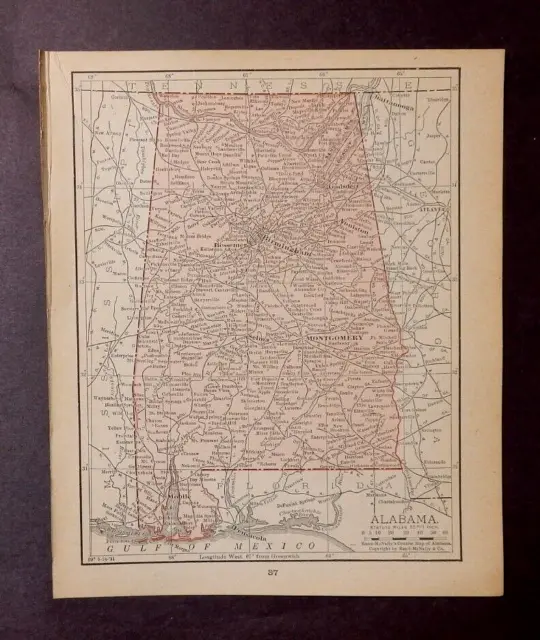 1911 Antique Rand McNally Map of ALABAMA  w/copied State History/Demographics