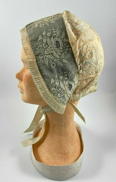 Coiffe Folklorique Féminine Ancienne En Tulle Brodé - Style Belle Époque Français - Taille M - Occasion