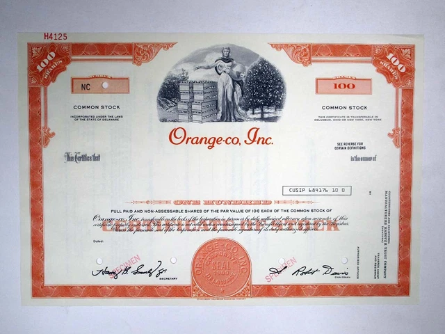 Orange-co, Inc., ND(1950-60s). 100 Shrs Specimen Stock Cert. XF-AU. S-C BNC
