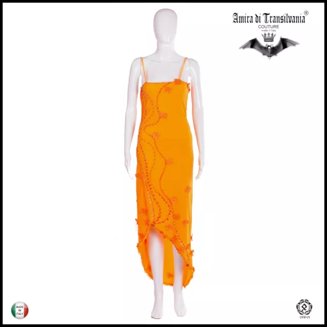 abito donna estivo griff alta moda sfilata arancione fiori ricamato asimmetrico