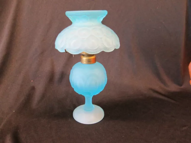 Moon and Stars Glass Miniature Oil Lamp LITE BLUE SATIN Fenton LG Wright Vintage