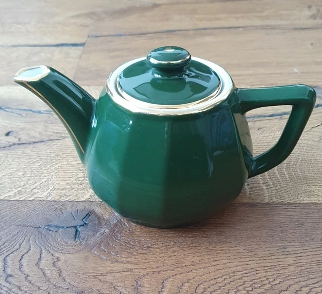 Vintage Apilco France green and gold bistro ware teapot