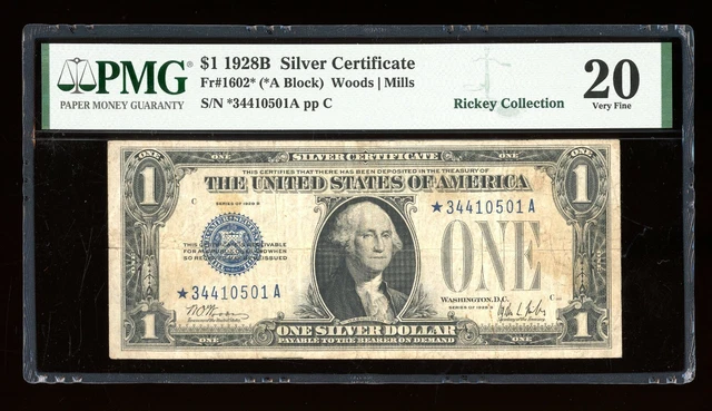 DBR 1928-B $1 Silver Funnyback STAR Fr. 1602* PMG VF-20 Serial *34410501A