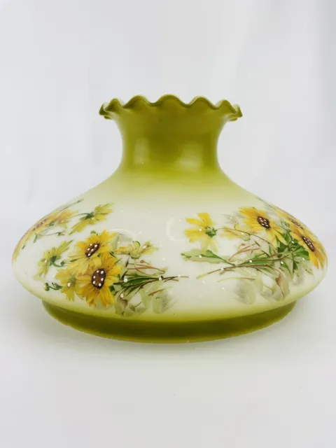 11.5" Vtg Hurricane Milk Glass Lamp Ruffle Shade Hand Painted Sunflowers Daisies