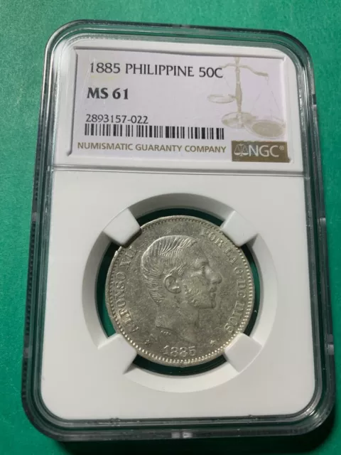 Philippines Spain 50 Centavos 1885 Alfonso Xii Ngc Ms 61