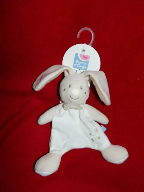 Doudou Plat Sucre d'Orge Lapin Blanc Beige Brodé Etoile Neuf