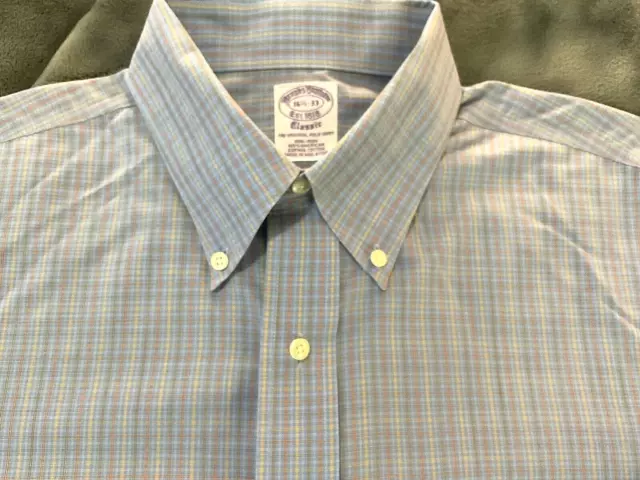 Brooks Brothers Classic Blue Plaid Non Iron Supima Cotton Dress Shirt Sz 16.5 33