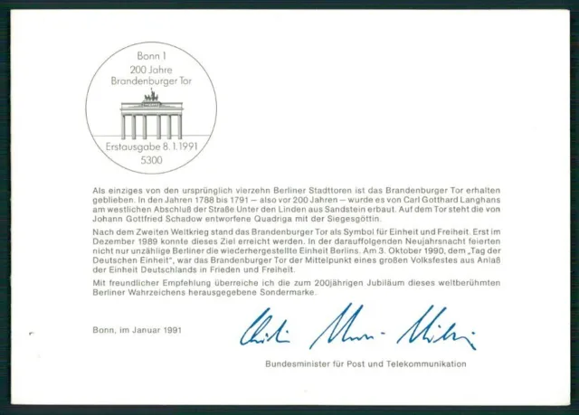 BRD MINISTERKARTE 1991 BERLIN BRANDENBURGER TOR BRANDENBURG GATE RARE !! m4514