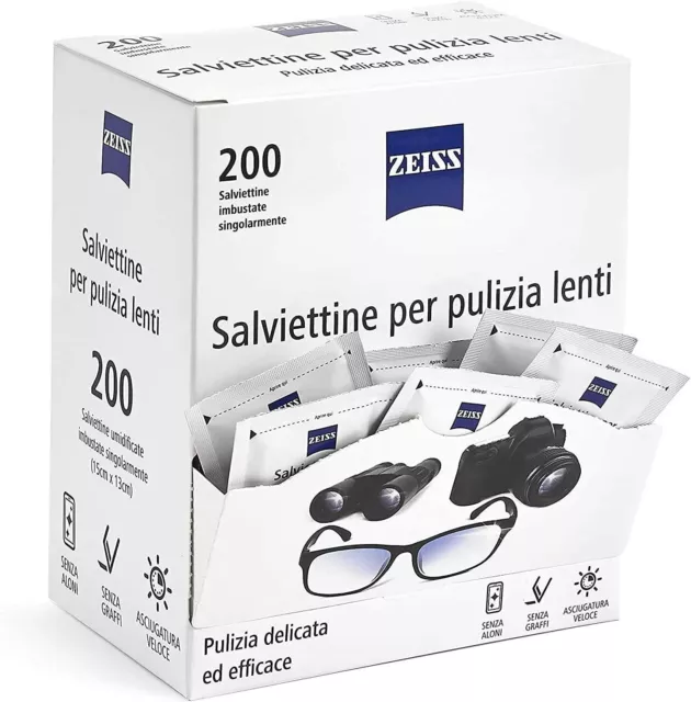 ZEISS Salviettine per Lenti Monouso per Tutti i Tipi di Lenti e Occhiali 200 Pz
