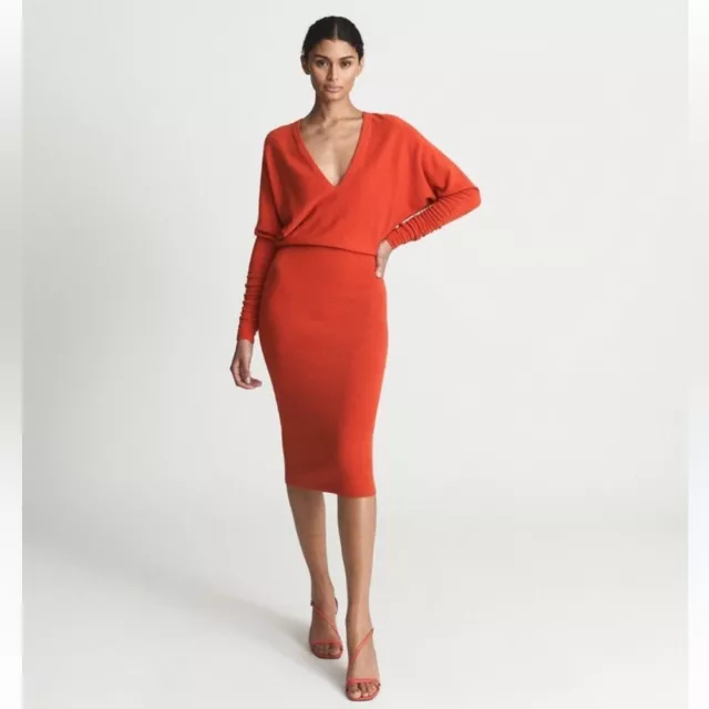 Reiss Jenna Orange Wool & Cashmere Deep V Neck Long Sleeve Sweater Dress Size M