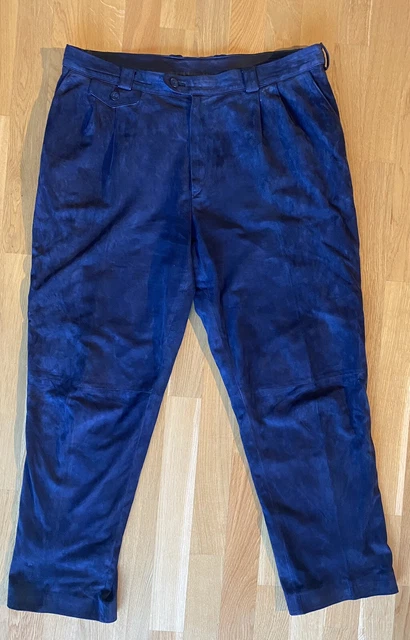 Pantaloni tradizionali in pelle lunghi, camoscio, blu, taglia circa 58-60, altissima qualità