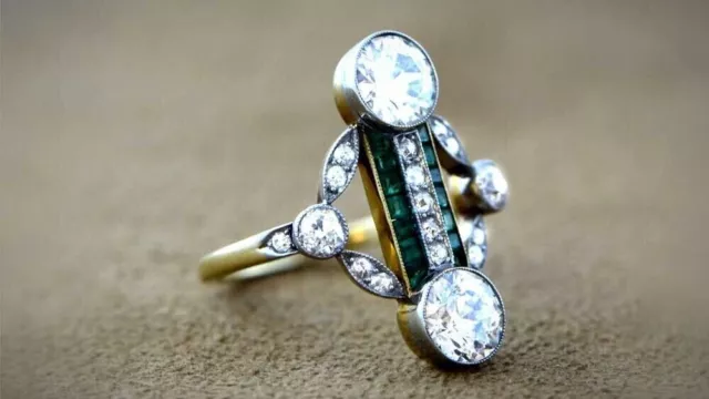 Art Deco Round Lab-Created Diamond Two-Stone Wedding 14K Yellow Gold Filled Ring