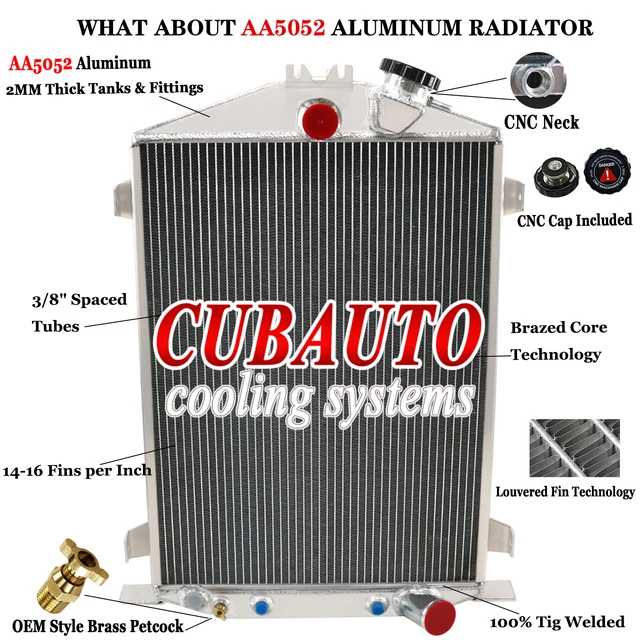 For 1932 Ford High Boy Street Rat Rod GM Chevy V8 Engine 3 Row Aluminum Radiator