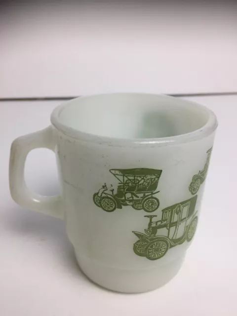 VTG Fire-King Milk Glass Mug Classic Antique Cars Stacking Mug Green Printed