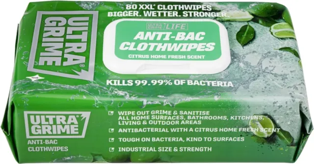 UltraGrime Antibacterial Wipes- large wet wipes clear -80 Thick Large Wipe Pack