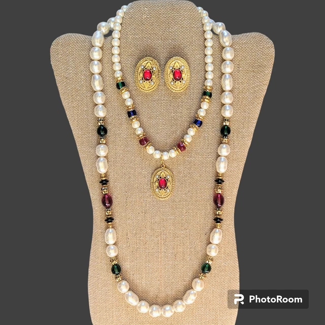 Vtg 1928 ETRUSCAN Faux Pearl GRIPOIX Style Jewel Necklace Earrings Set MOGUL Lot