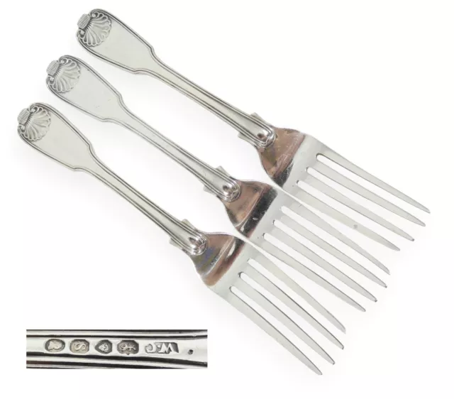 Antique Georgian 1833 Set of 3 Sterling Silver Dinner Forks Fiddle Thread Shell