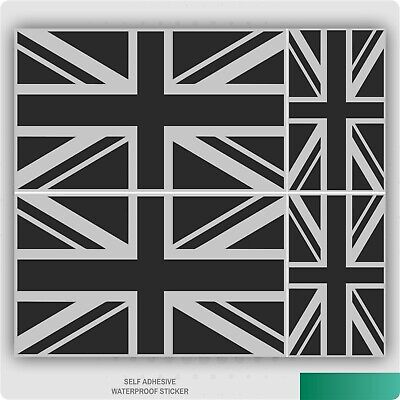 4 x Union Jack Flag Sticker - Metallic Silver & Black Great Britain Vinyl Decal