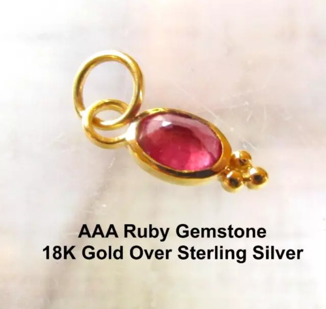 Natural Ruby Gemstone Oval Charm Pendant, 18K Gold Plated Sterling Silver