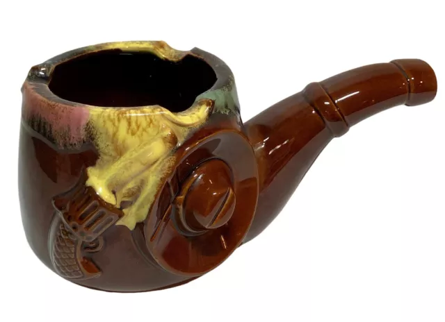 Vtg MCM Western Cowboy Gun Pipe Cigar Pottery Drip Glaze Ashtray Man Cave Japan