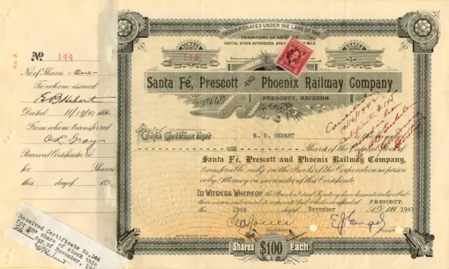 Santa Fe, Prescott and Phoenix Railway Company - Stock Certificate (Issued)