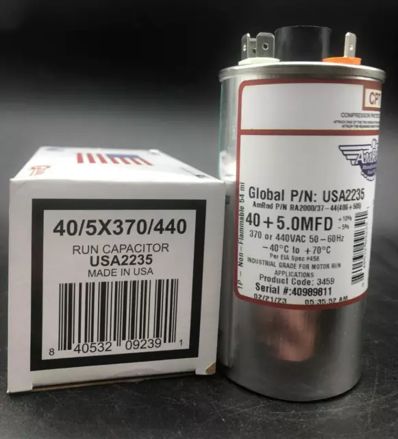 AmRad Round Run Capacitor 40/5 MFD 370/440 VAC USA2235