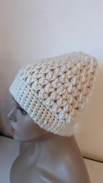 Handmade gehäkelt Mütze Wolle Natürlich Natur Weiß  Frauen 54 cm 3