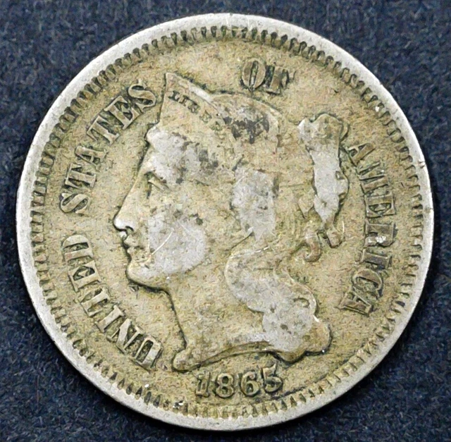 1865 THREE-CENT PIECE -CIVIL WAR ERA- Nickel Coin